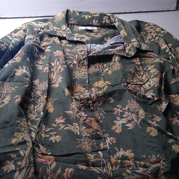 CJ Banks Women's 1X Corduroy Green Floral Button Down Long Sleeve Shirt - Picture 2 of 9